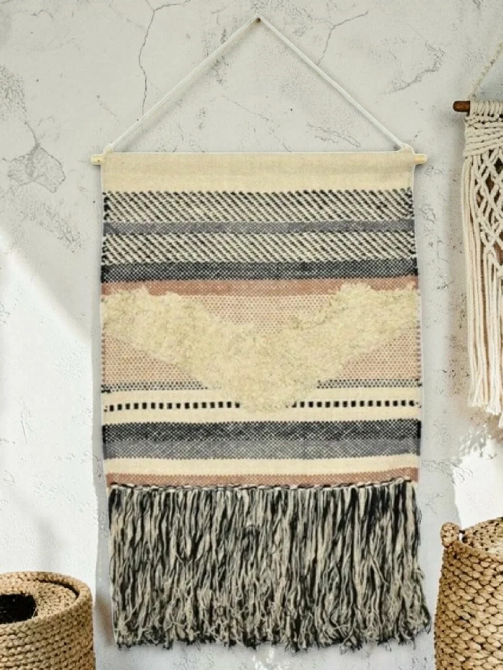 Bohemian Macrame Black/Cream/Gray/Peach Woven Textile Fringe Wall Hanging 25x36